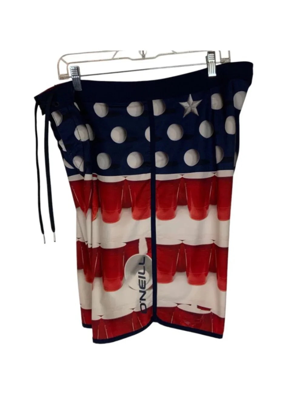 ONeill Mens Hyperfreak Boardshorts Size 36 Red White Blue Beer Pong Cup Design